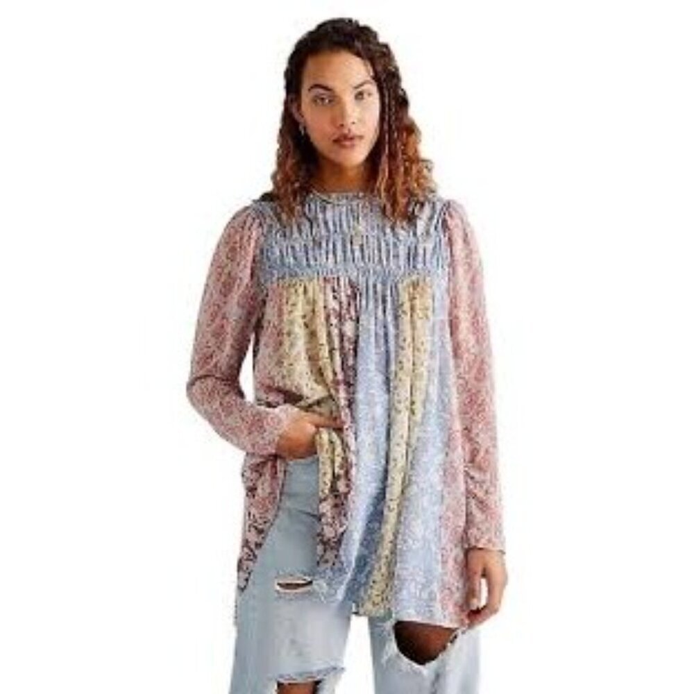 Free People Merrie Mix tunic small blue pink boho patchwork flowy smocked